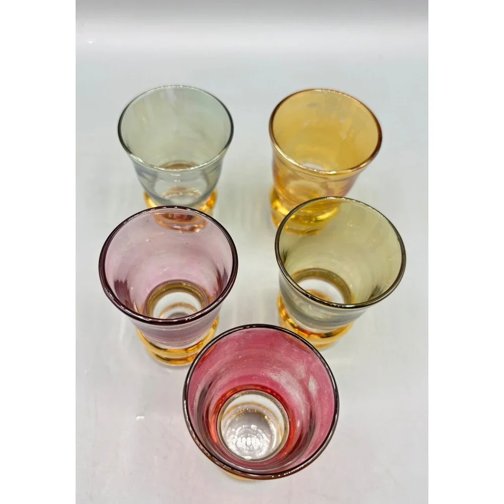 Vtg Bohemian Amethyst Glass Decanter Set Gold 5‎ Cordial Glasses Barware Boho